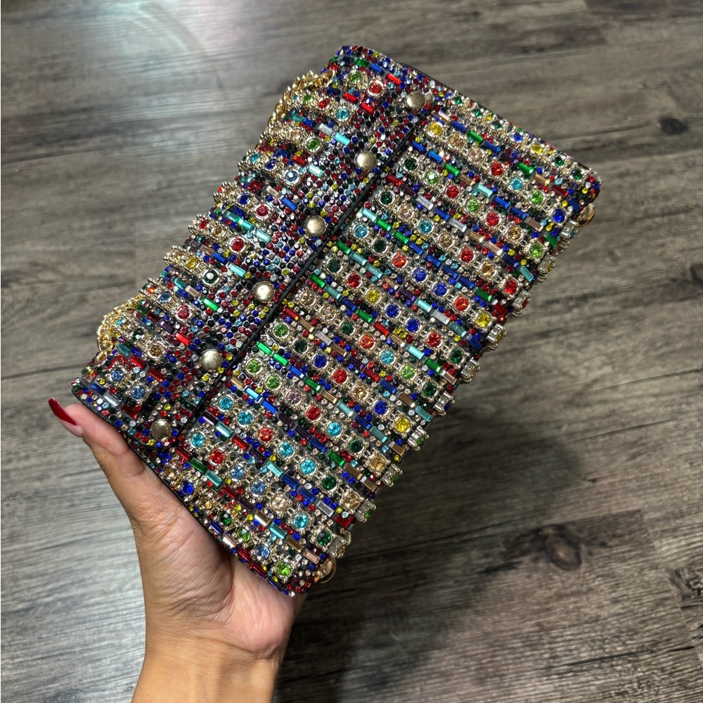 Elegant Multicolor Rhinestone Clutch with Gold Chain - Picture 7 of 10